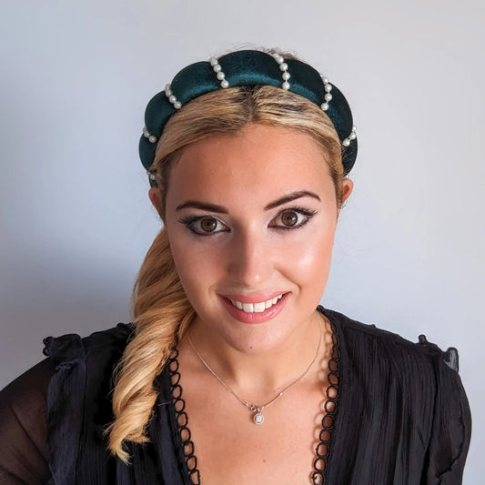 Bottle green pearl ruched padded velvet headband fascinator House of Hats