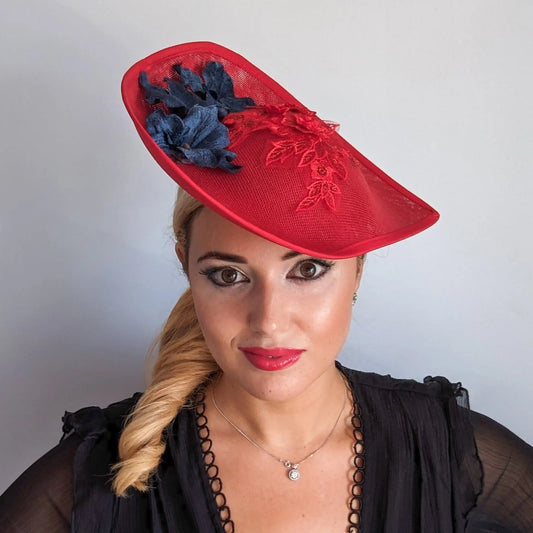 Red and navy large teardrop flower fascinator hat House of Hats
