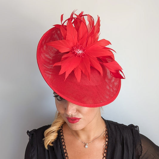 Red large feather saucer disc fascinator hat