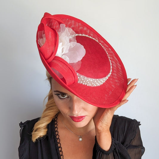 Red beaded large flower saucer disc fascinator hat