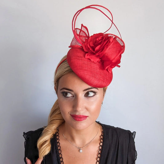 Red flower fascinator hat House of Hats