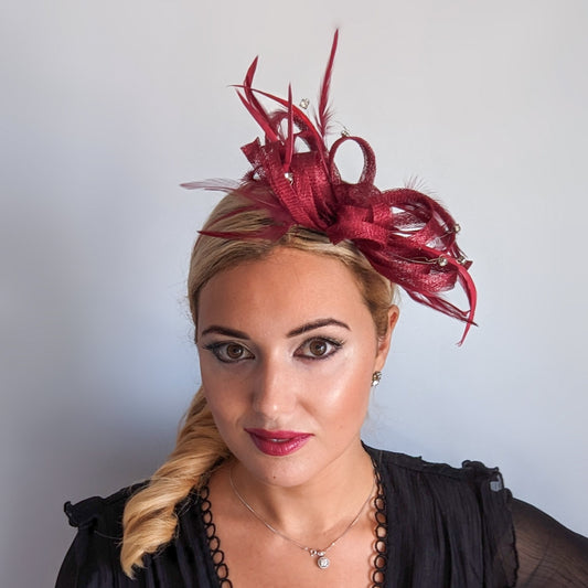 Burgundy crystal feather fascinator hat