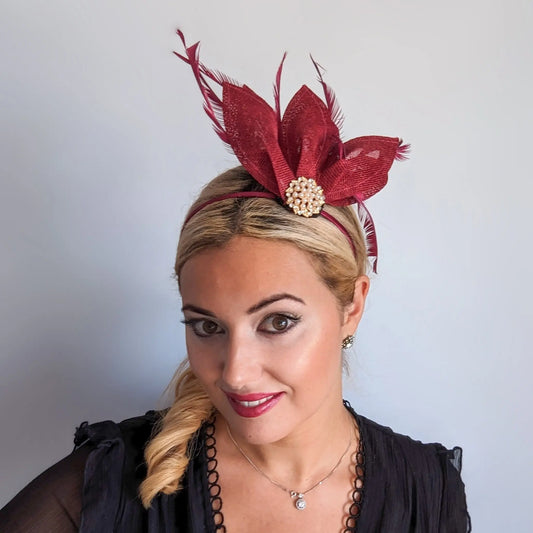 Burgundy feather petal fan fascinator hat House of Hats