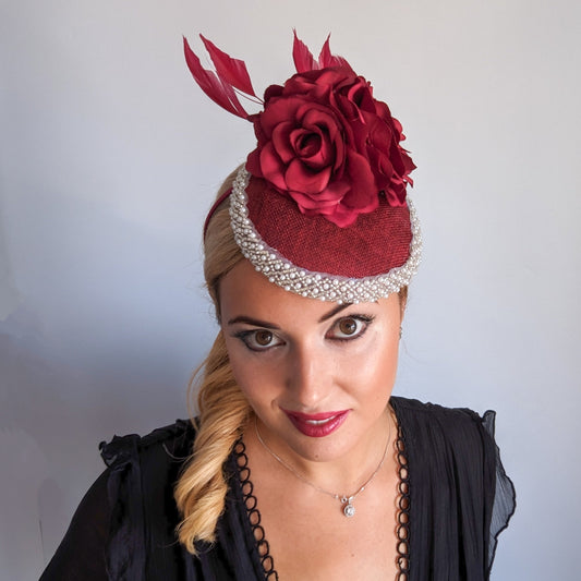 Burgundy beaded flower fascinator hat