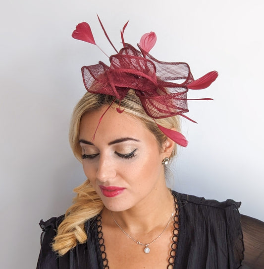 Burgundy feather fascinator hat