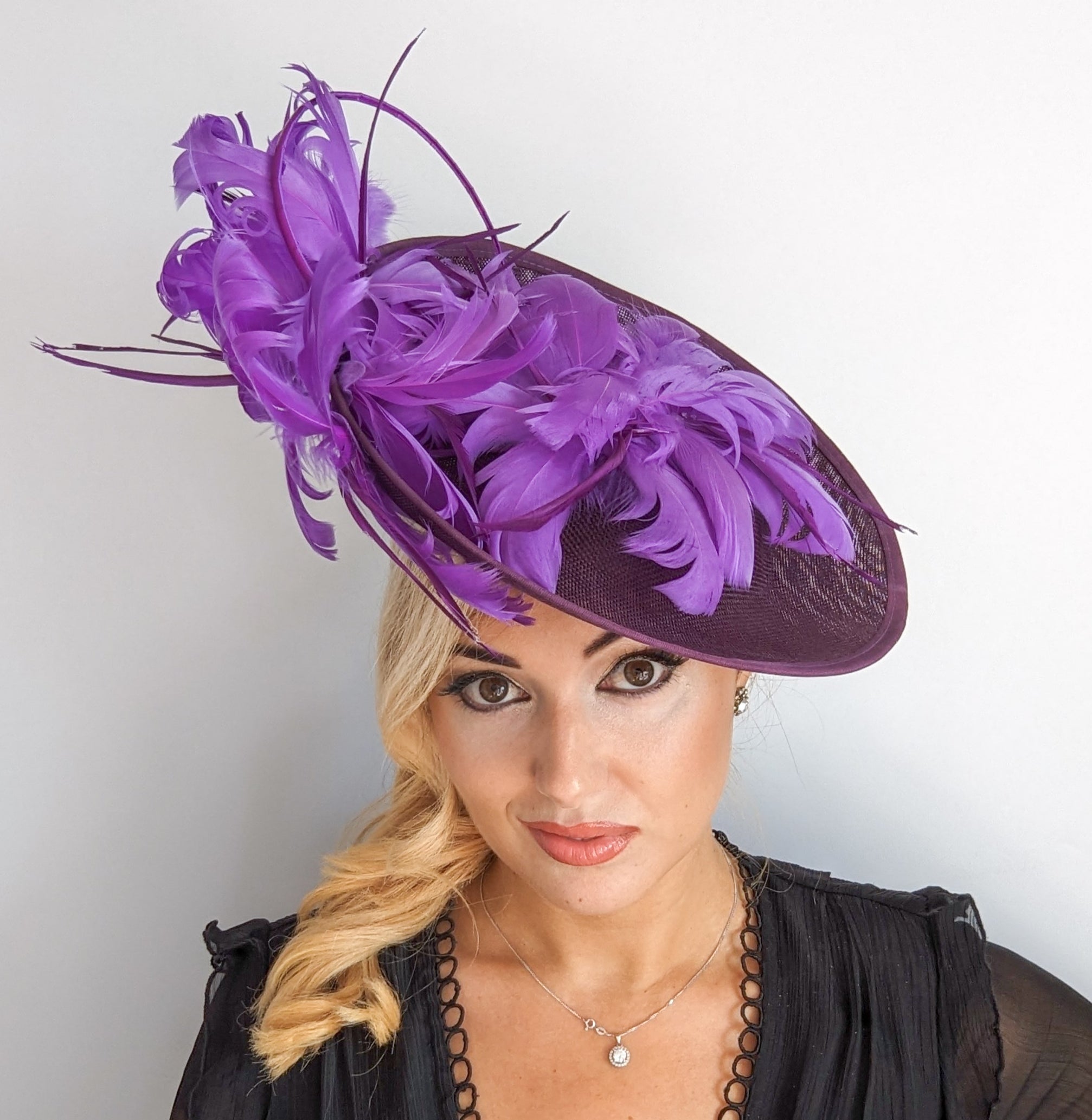 Dark plum cadbury purple large feather saucer disc fascinator hat Dark plum cadbury purple large feather saucer disc fascinator hat