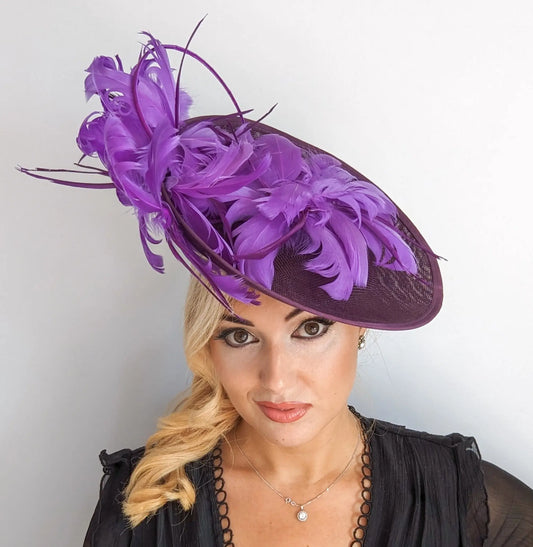 Dark plum cadbury purple large feather saucer disc fascinator hat House of Hats