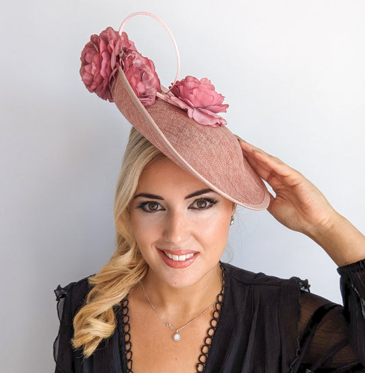 Blush pink large flower saucer disc fascinator hat