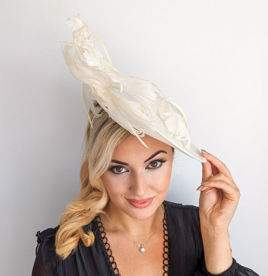 Cream feather large saucer disc fascinator hat