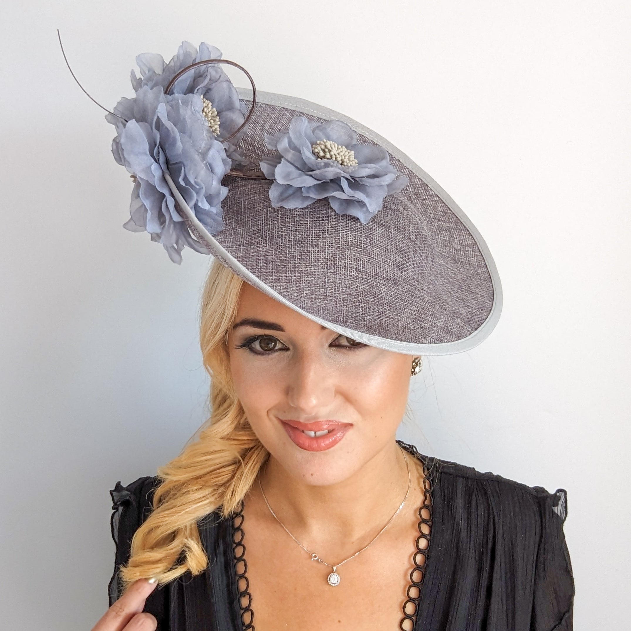 Grey large flower saucer disc fascinator hat Grey large flower saucer disc fascinator hat