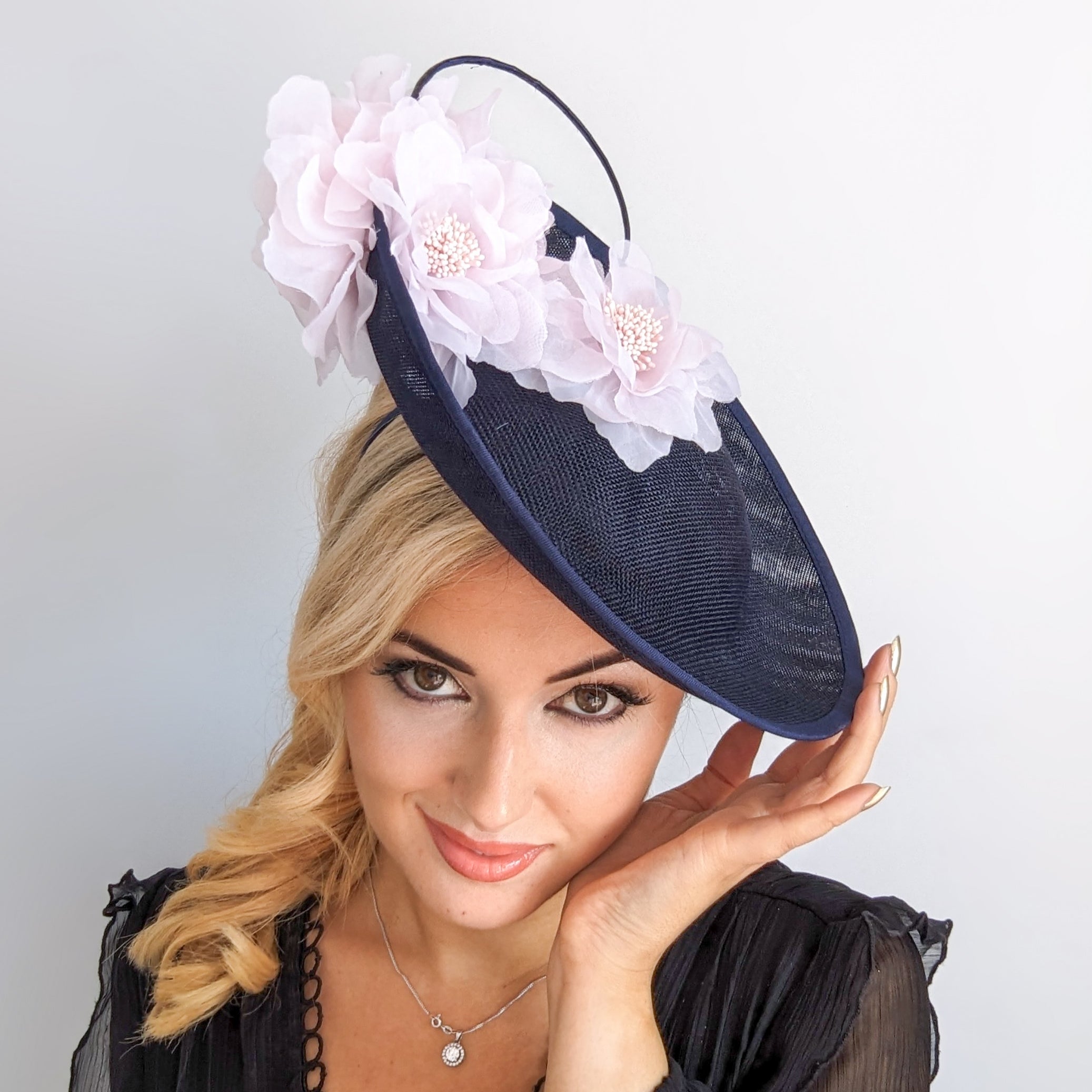 Navy blue light pink large flower saucer disc fascinator hat Navy blue light pink large flower saucer disc fascinator hat