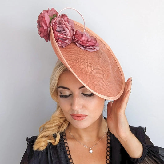Terracotta dusty pink large flower saucer disc fascinator hat House of Hats