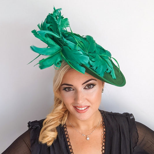 Emerald green feather large saucer disc fascinator hat