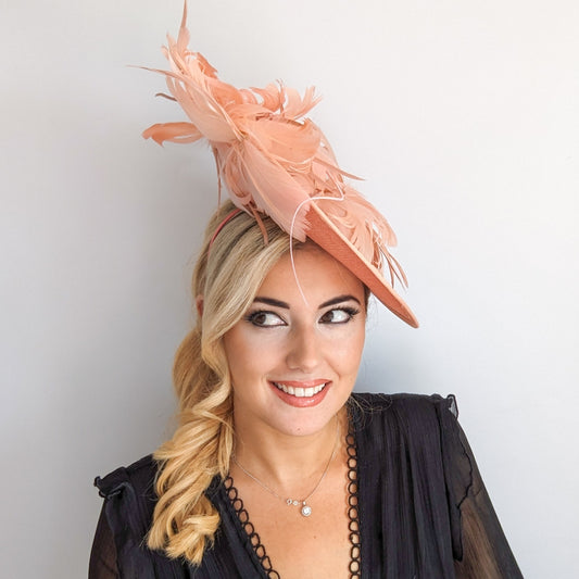 Terracotta dusty pink large feather saucer disc fascinator hat