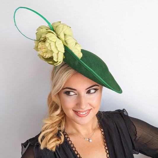 Emerald green large flower saucer disc fascinator hat House of Hats