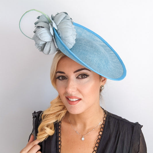 Aqua sky blue large flower saucer disc fascinator hat