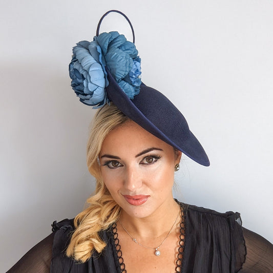 Navy blue large flower saucer disc fascinator hat