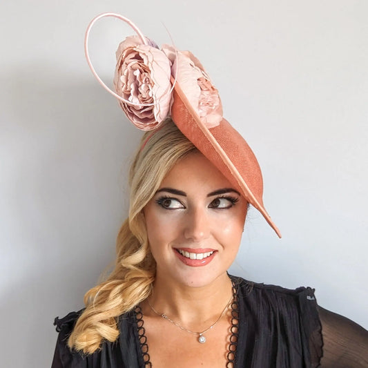 Terracotta dusty pink large flower saucer disc fascinator hat House of Hats