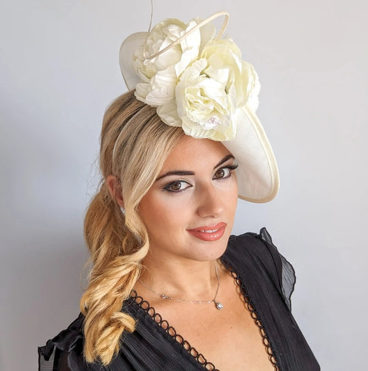 Cream large flower saucer disc fascinator hat House of Hats