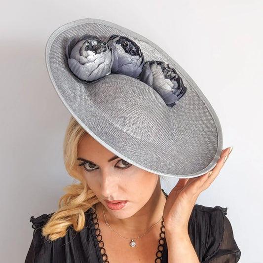 Silver shimmer flower large saucer disc fascinator hat House of Hats