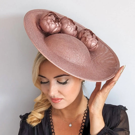 Rose gold shimmer flower large saucer disc fascinator hat House of Hats