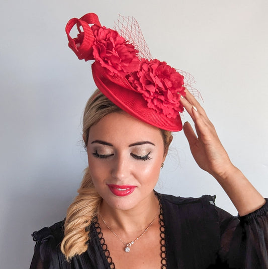 Red flower fascinator disc saucer hat