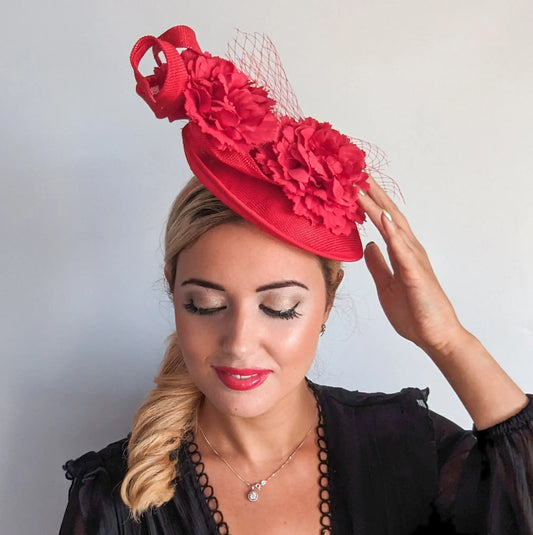 Red flower fascinator disc saucer hat House of Hats