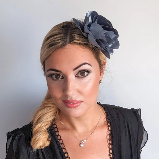 Dusty blue satin rose fascinator hat House of Hats