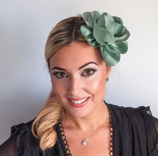 Pastel mint green satin rose fascinator hat
