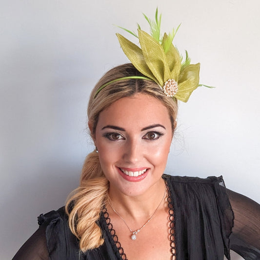 Matcha lime green feather petal fan fascinator hat