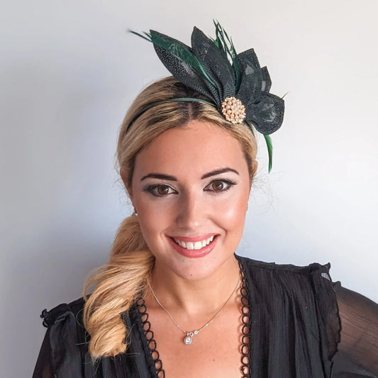 Dark emerald green feather petal fan fascinator hat House of Hats