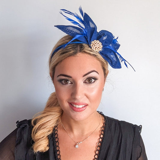 Royal cobalt blue feather petal fan fascinator hat
