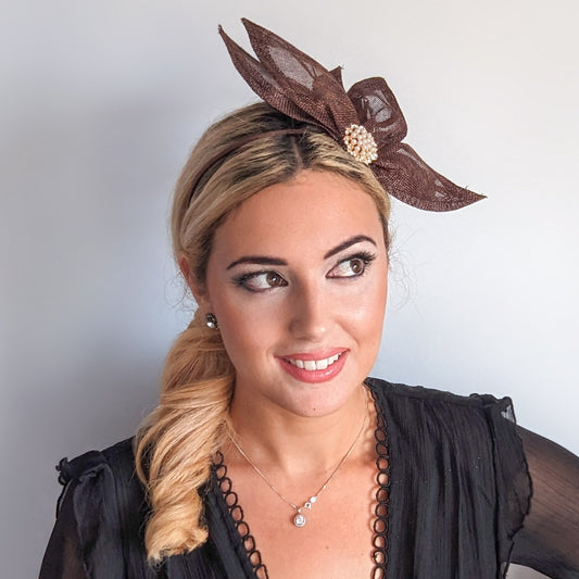 Chocolate brown feather petal fan fascinator hat