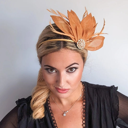 Golden ochre yellow feather petal fan fascinator hat House of Hats