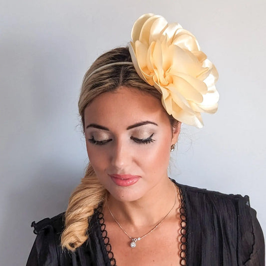Large cream satin rose fascinator hat House of Hats