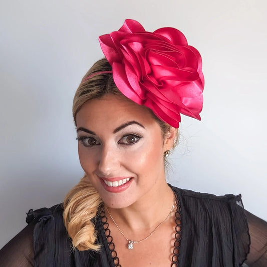 Large fuchsia pink rose fascinator hat House of Hats