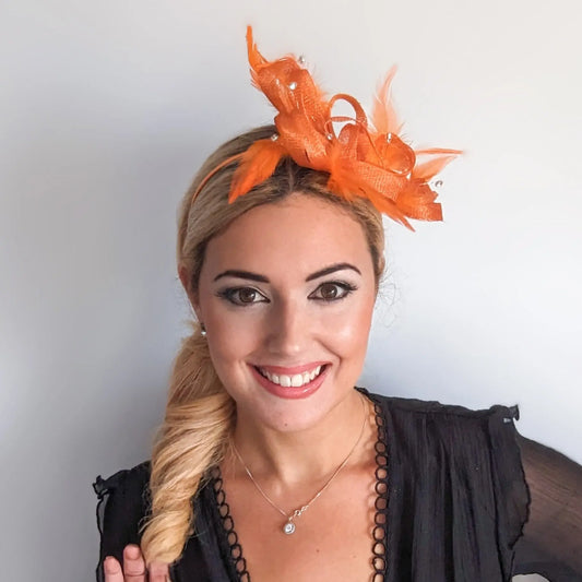 Orange crystal feather fascinator hat House of Hats