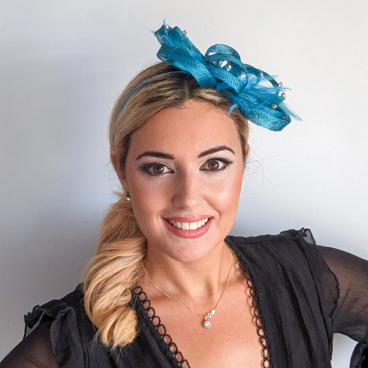 Dark aqua blue crystal feather fascinator hat