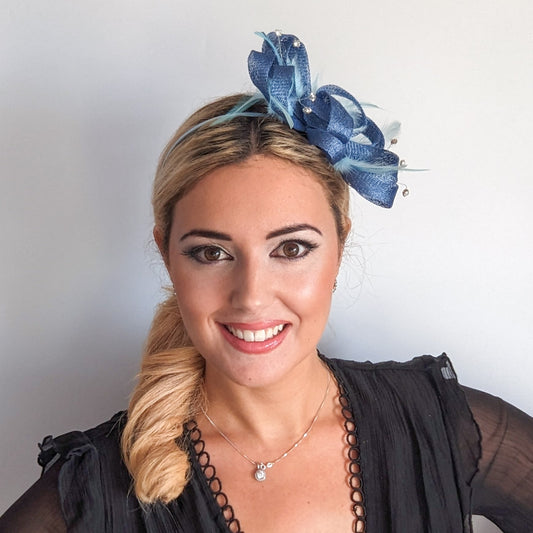 Cornflower blue crystal feather fascinator hat