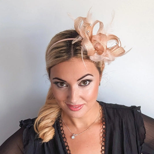 Light peach pink crystal feather fascinator hat House of Hats