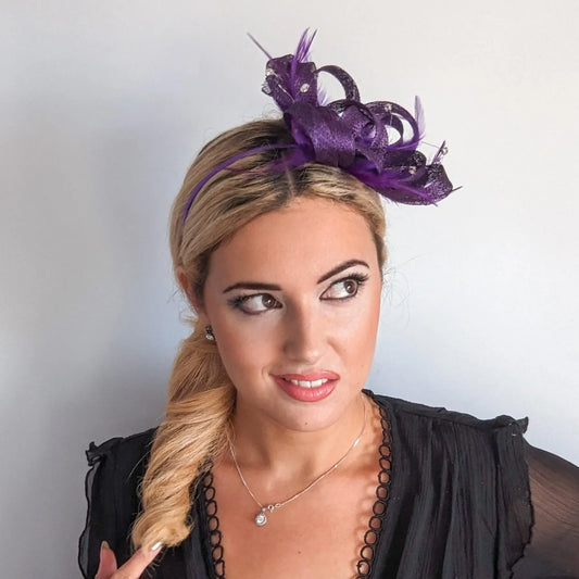 Aubergine cadbury purple crystal feather fascinator hat House of Hats