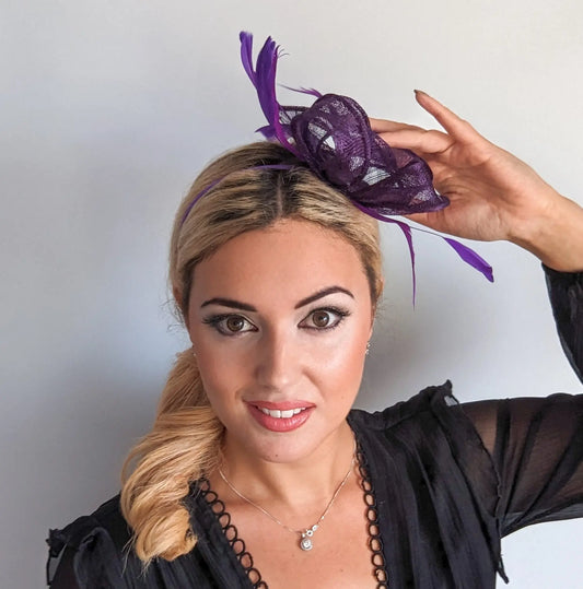 Aubergine cadbury purple feather fascinator hat House of Hats