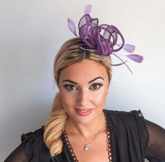 Royal purple feather fascinator hat House of Hats