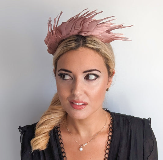 Rose gold metallic shimmer feather headband fascinator