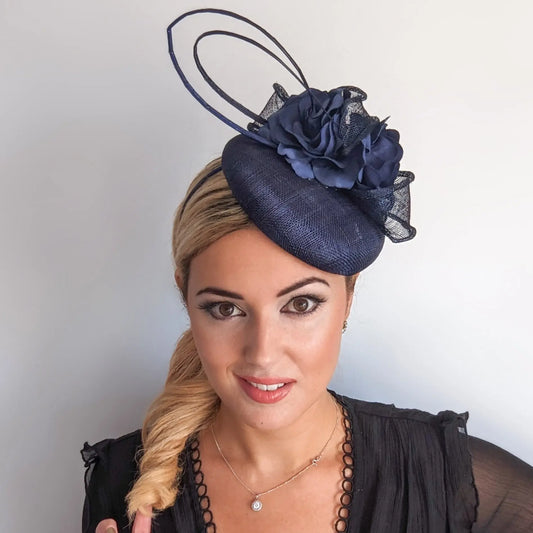 Navy blue flower fascinator hat House of Hats