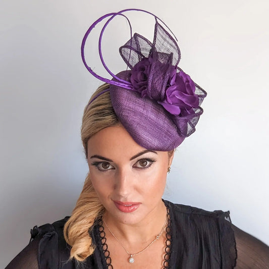 Aubergine royal purple flower fascinator hat House of Hats