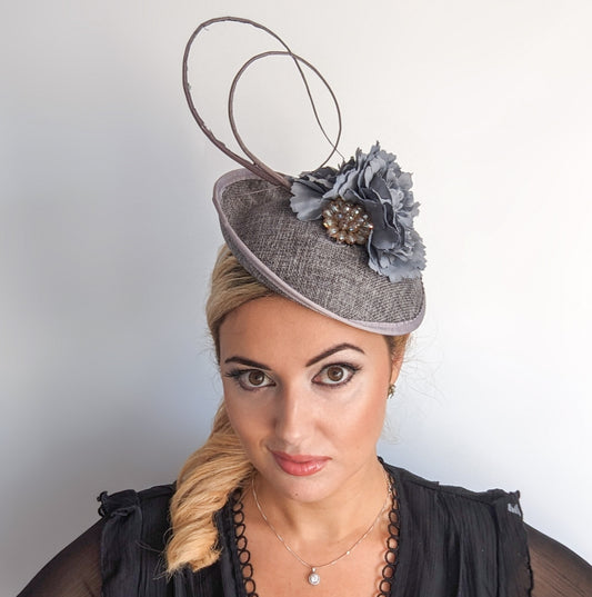 Grey flower disc saucer fascinator hat