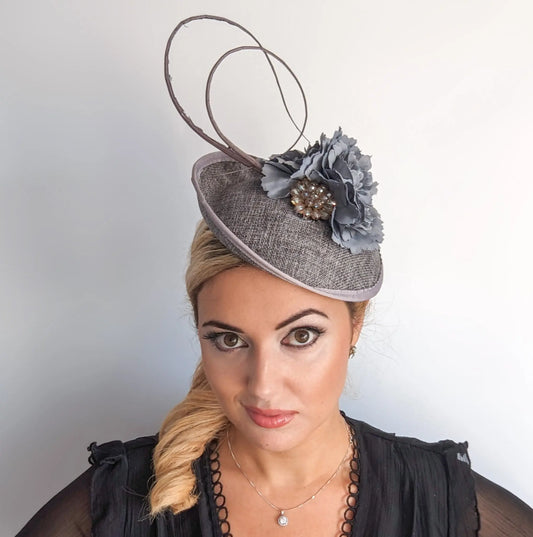Grey flower disc saucer fascinator hat House of Hats
