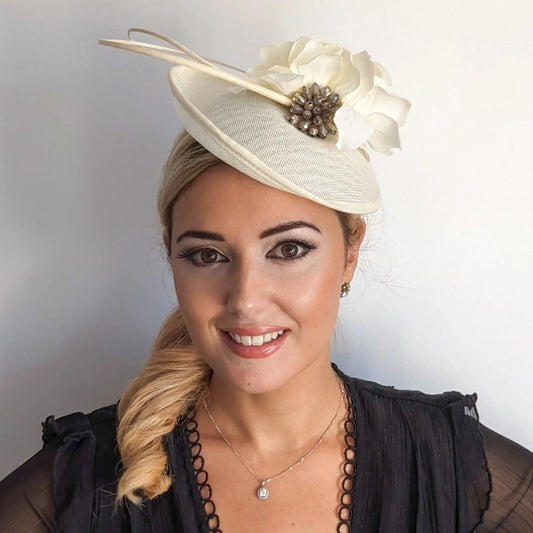 Cream flower disc saucer fascinator hat House of Hats