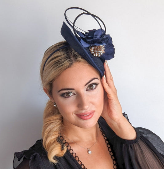 Navy blue flower disc saucer fascinator hat